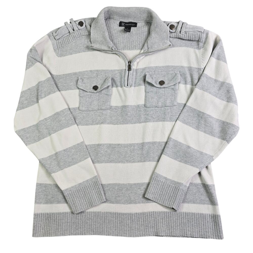 Vintage Y2K 1/4 Zip Striped Sweater Women's Large Gray White Classic Preppy Knit